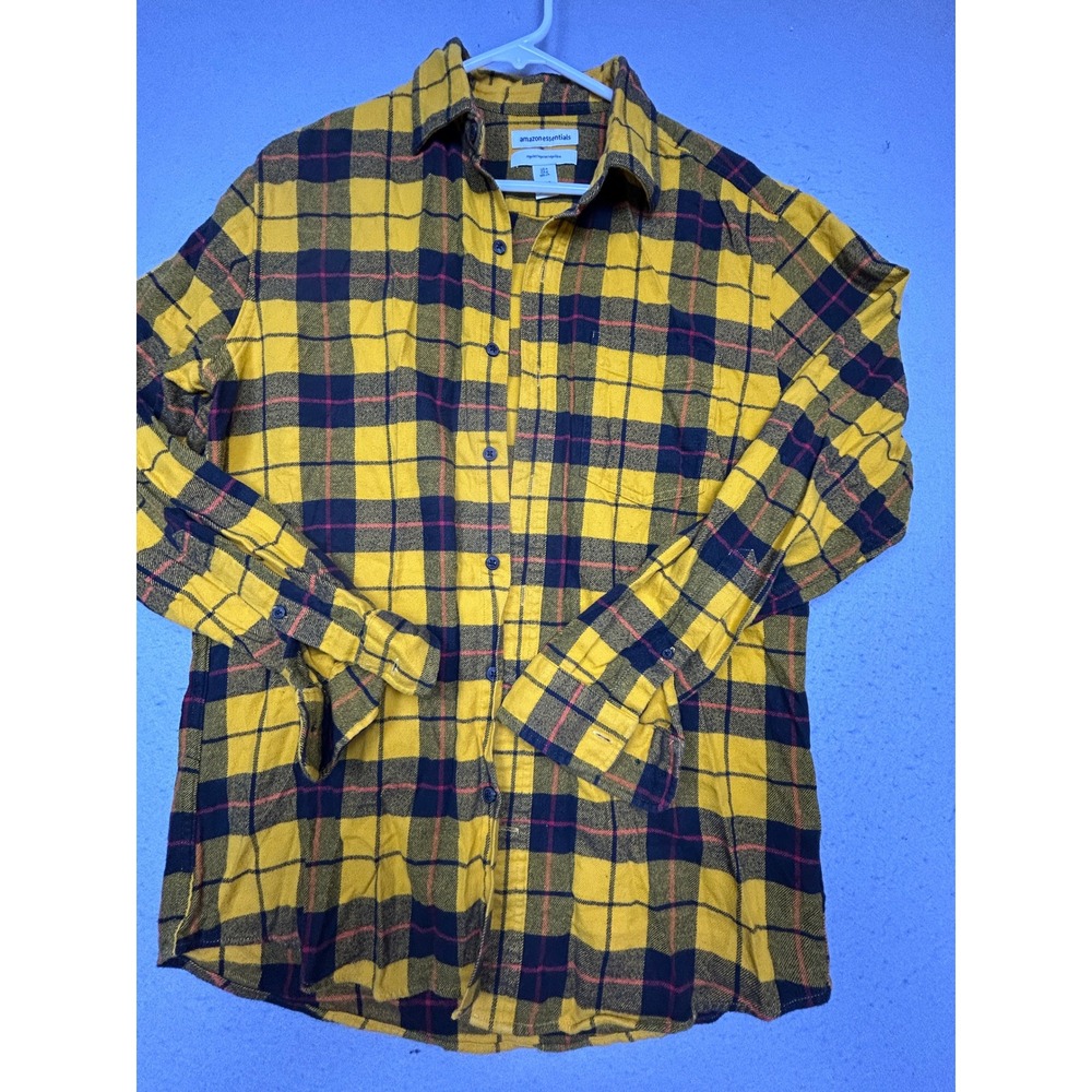 Amazon Essentials Flannel Shirt 100% Cotton Yellow Plaid Small Mens